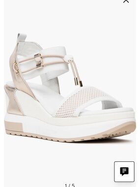 Wedge Platform Sandal in White and Metallic Rose Gold